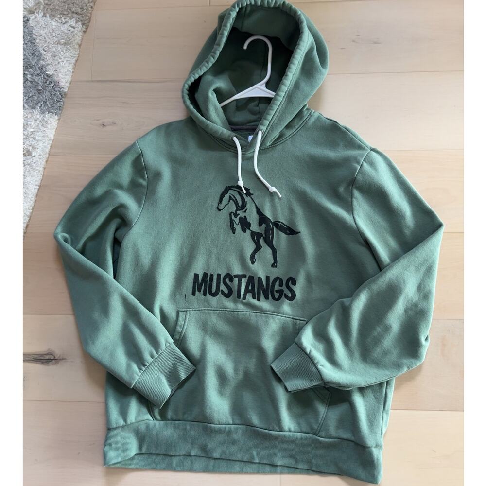VTG 70s Mustang Mascot Hoodie Green Size L Collegiate Graphic Sweatshirt Unisex - Picture 4 of 6